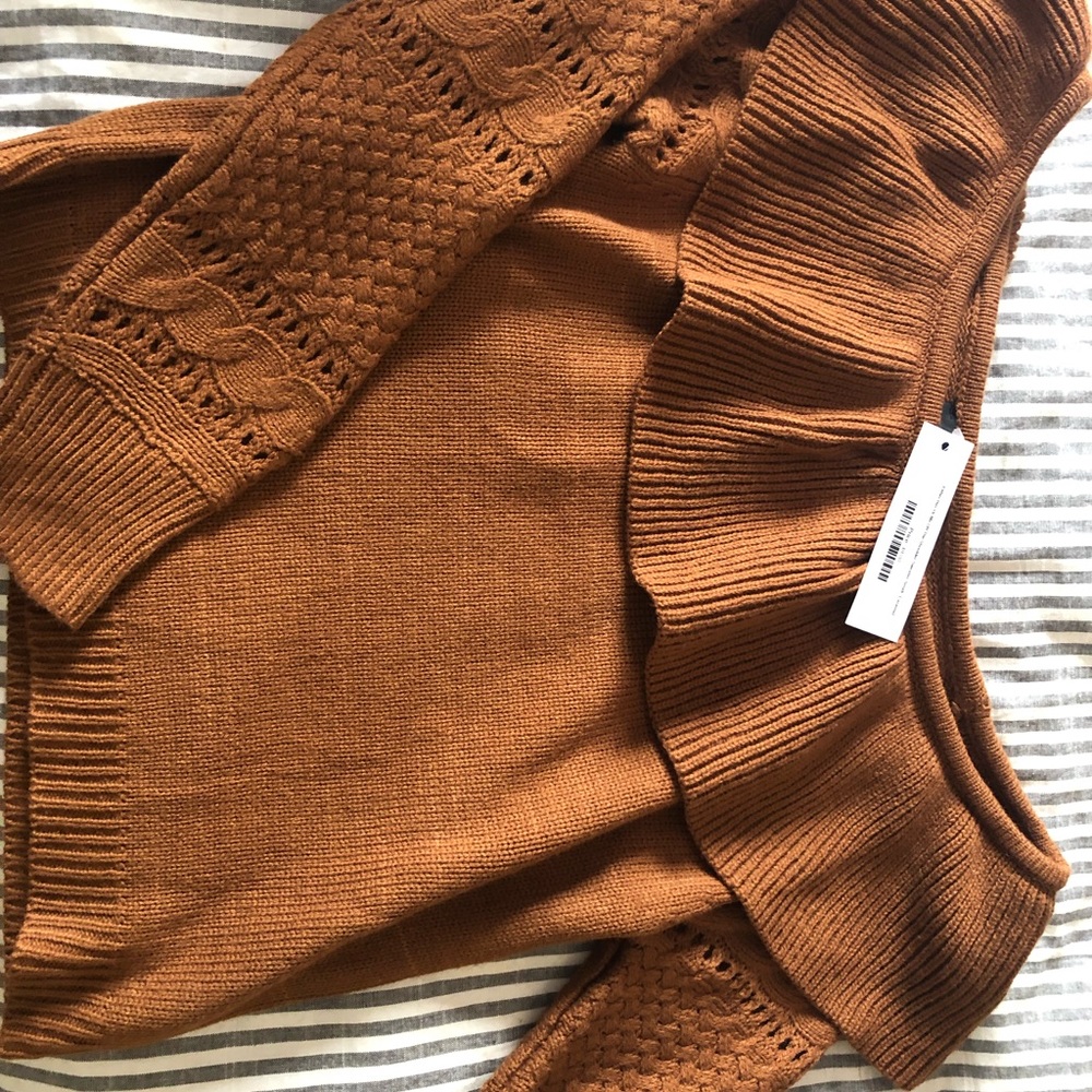 Off the shoulder burnt orange sweater